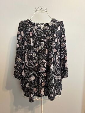 Black Floral Button-Front Peasant Top with Pink Accents